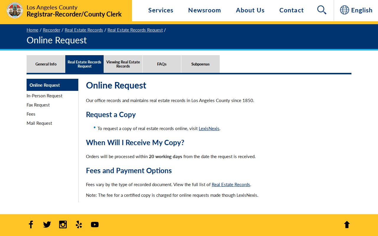 Manhattan Beach previous residents showing the Los Angeles County Recorder copy request page