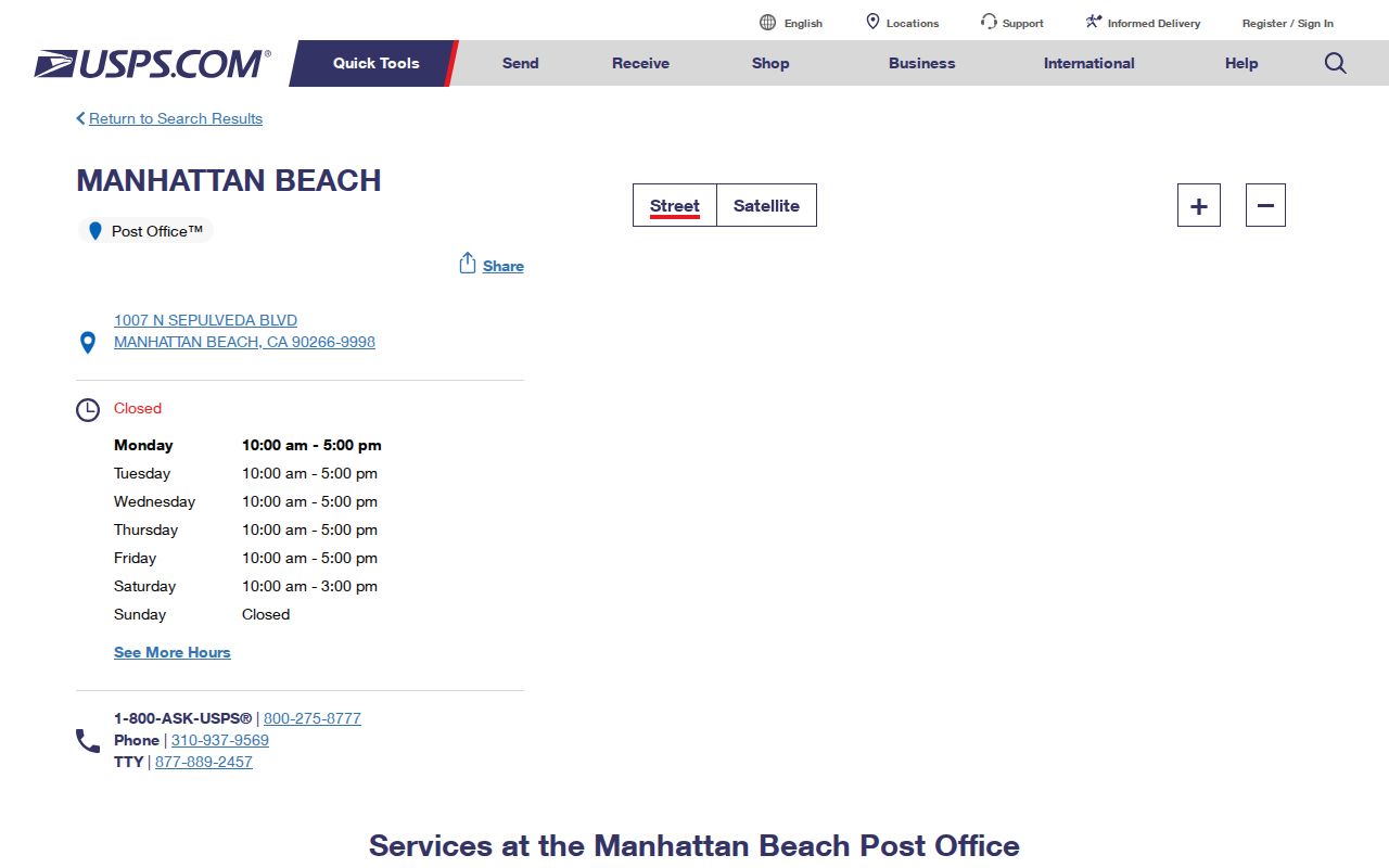 Manhattan Beach ZIP code directory view of the USPS Post Office location